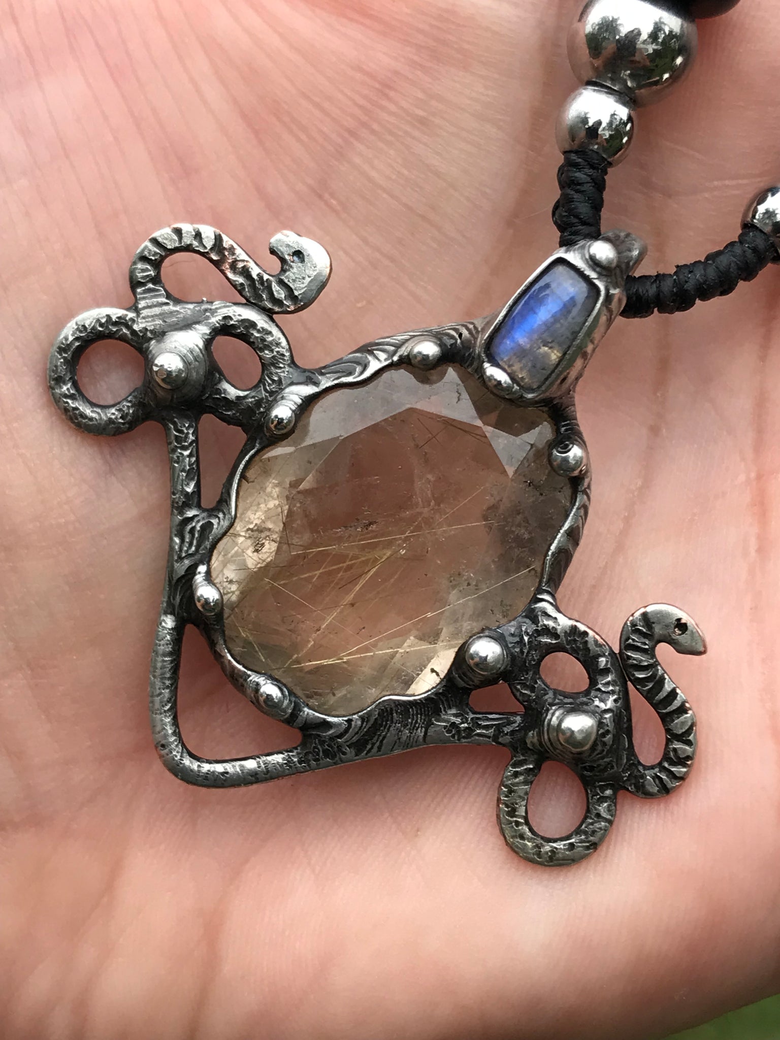 High priestess Golden Rutile and blue flash labradorite serpent pendant