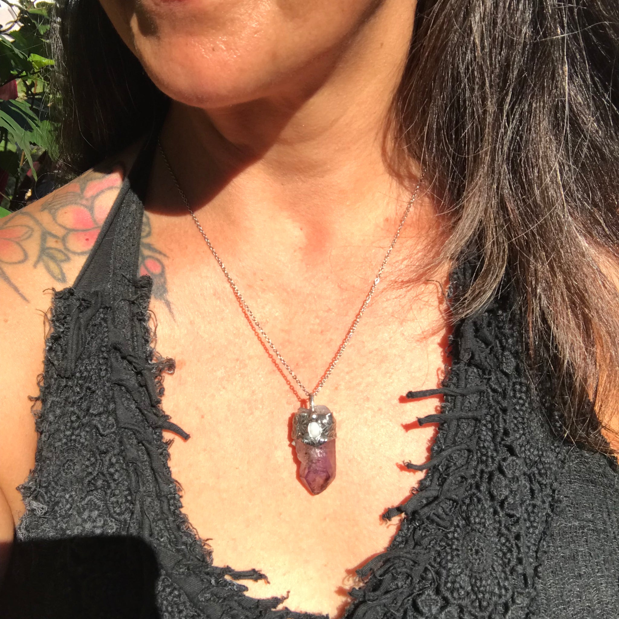 African Shangaan Amethyst and lightning ridge opal point pendant