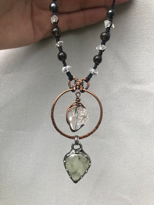 Reserved for Kerryn Hammered copper pendant with Herkimer diamond crystal with prehnite and smoky quartz