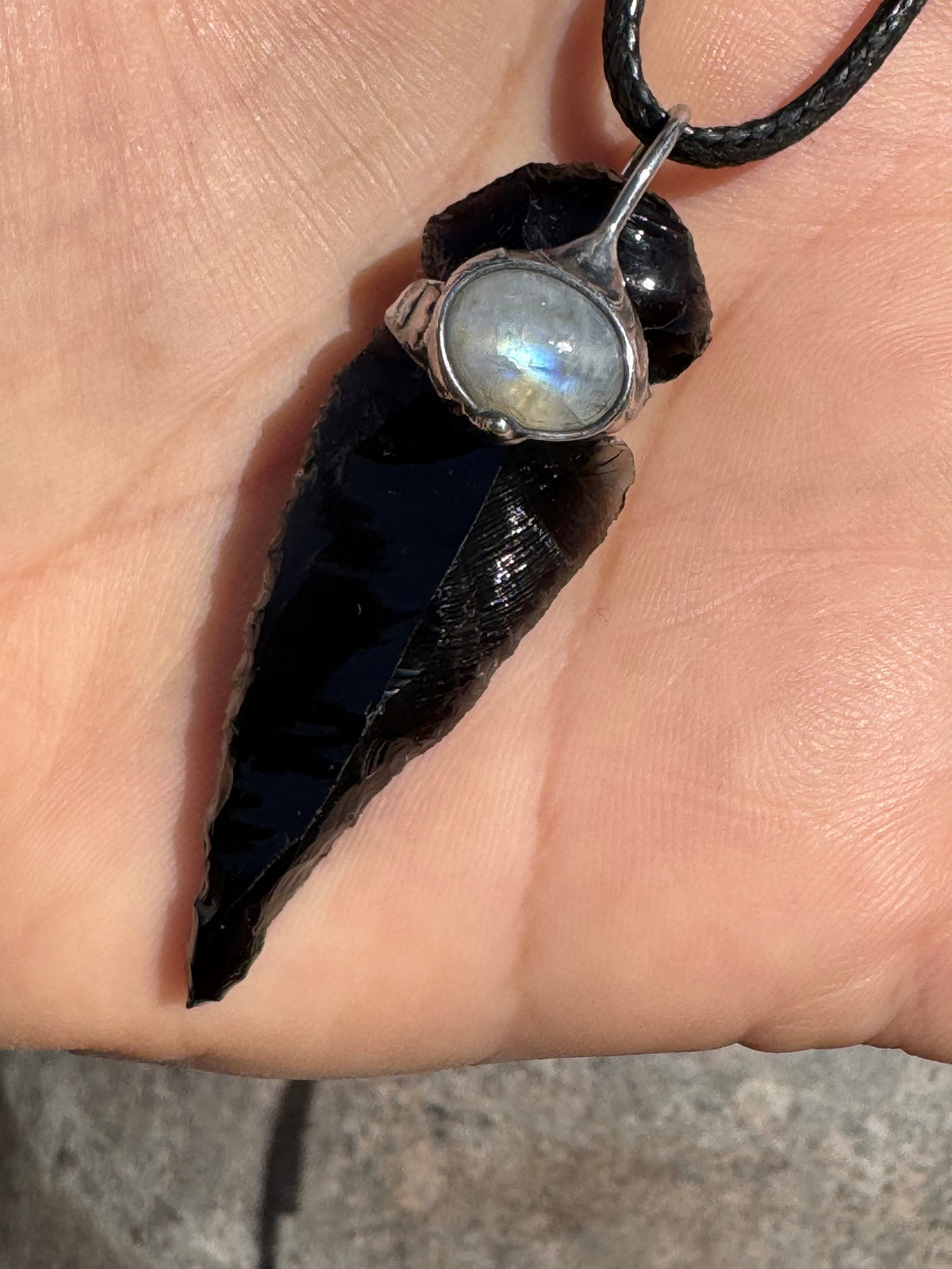 THE PROTECTOR - Raw Black Obsidian Arrowhead + Rainbow Moonstone