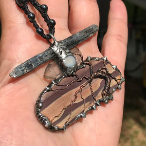 Statement Zebrastone triple crystal Pendant adorned with lightning ridge opal a twisty  Tree of Life