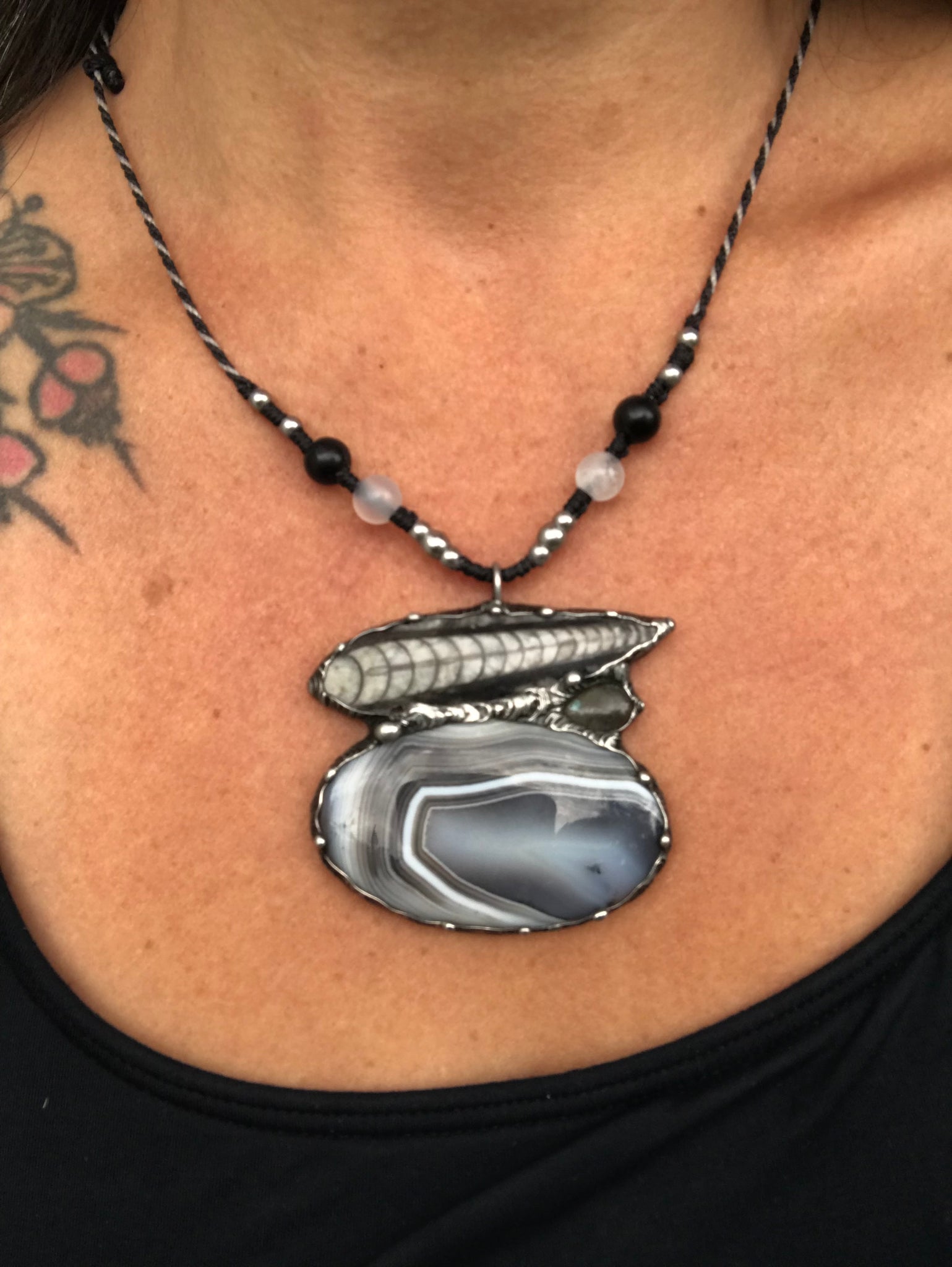 Statement Agate, Orthaceras and Labradorite pendant