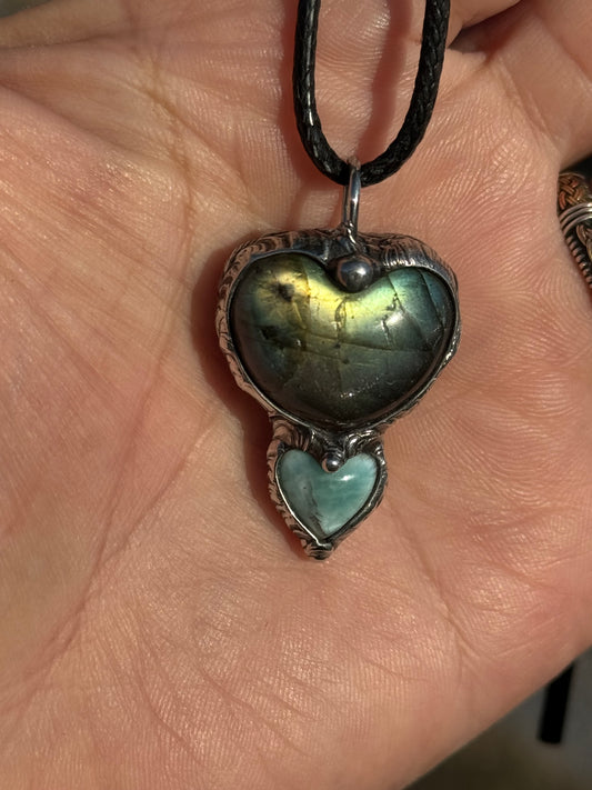 TWIN FLAME HEARTS - Golden Labradorite + Larimar Double Heart