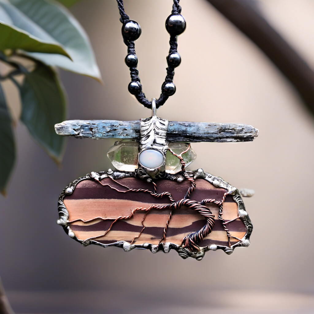 Statement Zebrastone triple crystal Pendant adorned with lightning ridge opal a twisty  Tree of Life