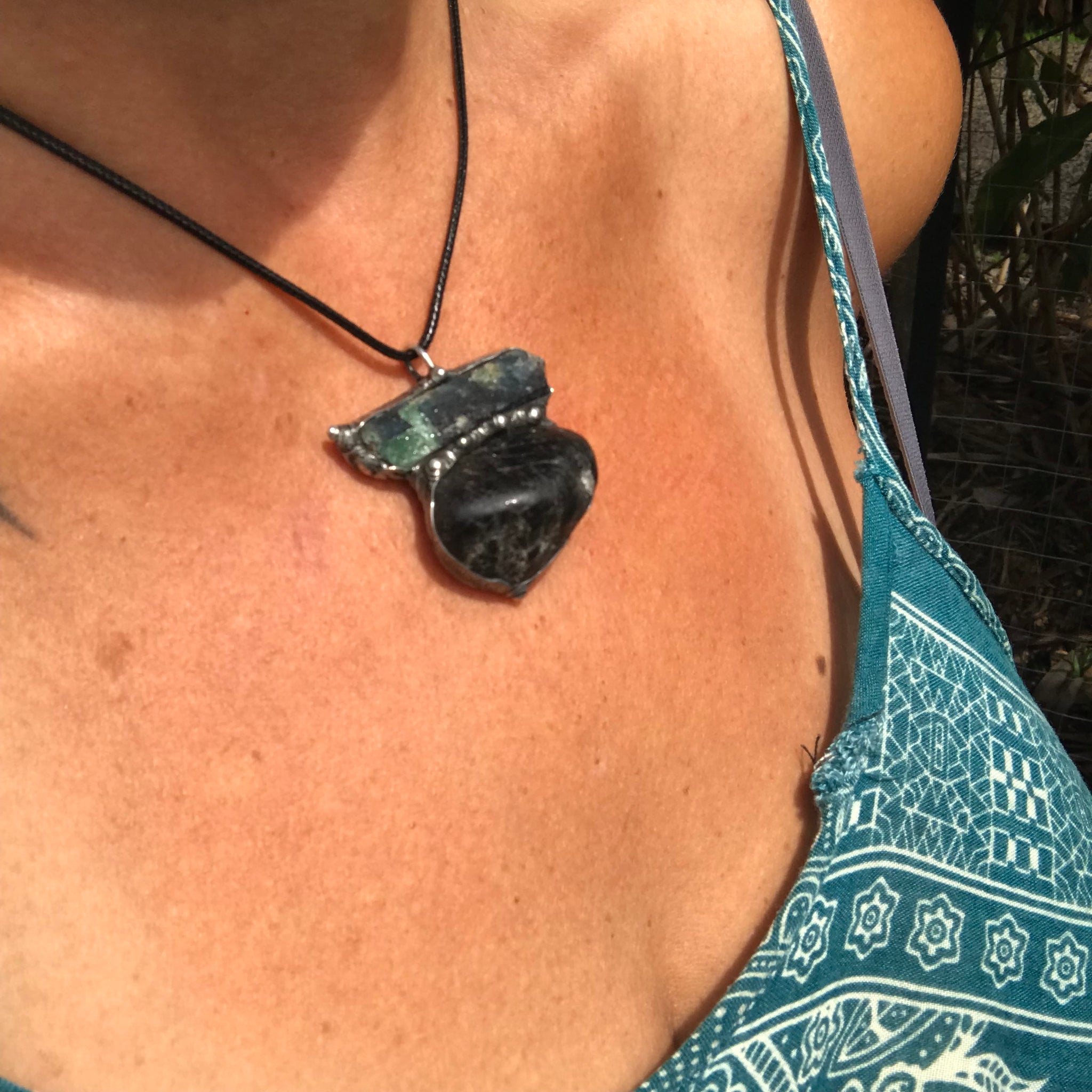 Black Tourmaline and Fuchsite in kyanite pendant