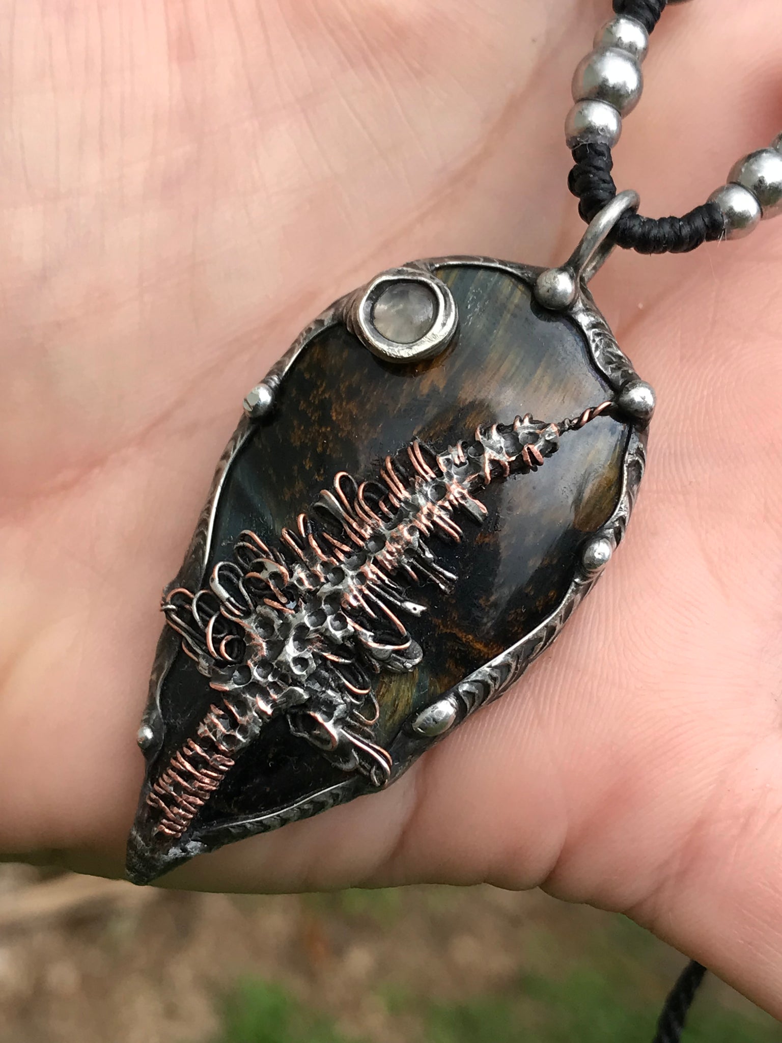 Bespoke magical tree on Blue Tiger eye crystal pendant adorned with Moonstone