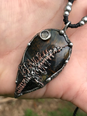 Bespoke magical tree on Blue Tiger eye crystal pendant adorned with Moonstone