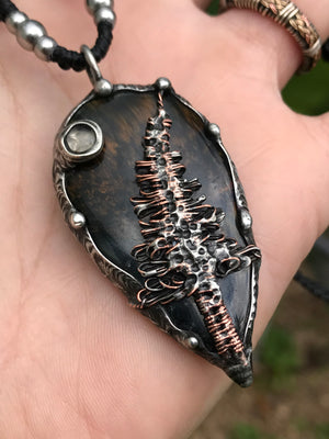 Bespoke magical tree on Blue Tiger eye crystal pendant adorned with Moonstone