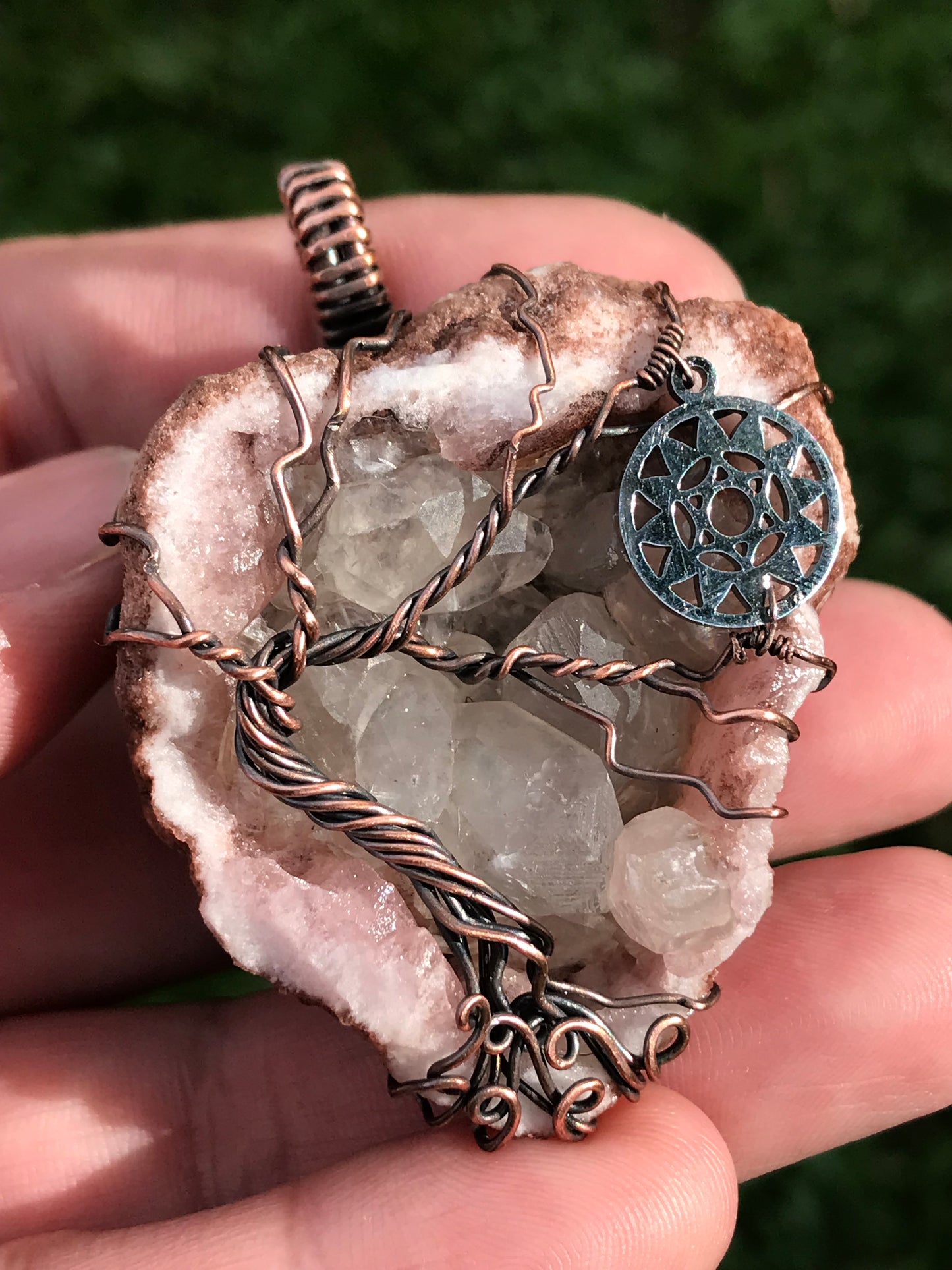 Pink Amethyst Anahata HomeTree pendant with Quartz points