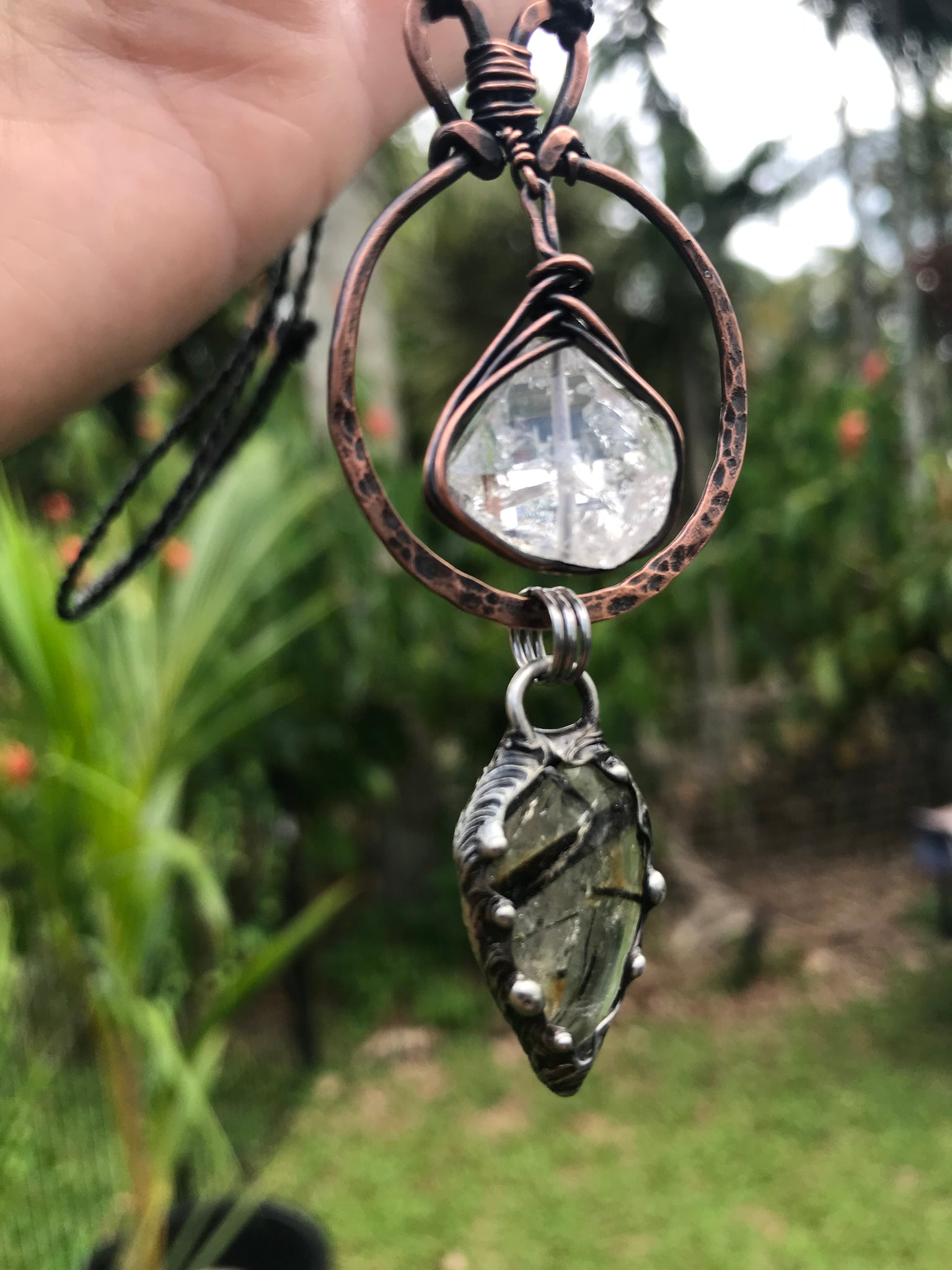 Hammered copper pendant with Herkimer diamond crystal, Tourmalinated and smoky quartz