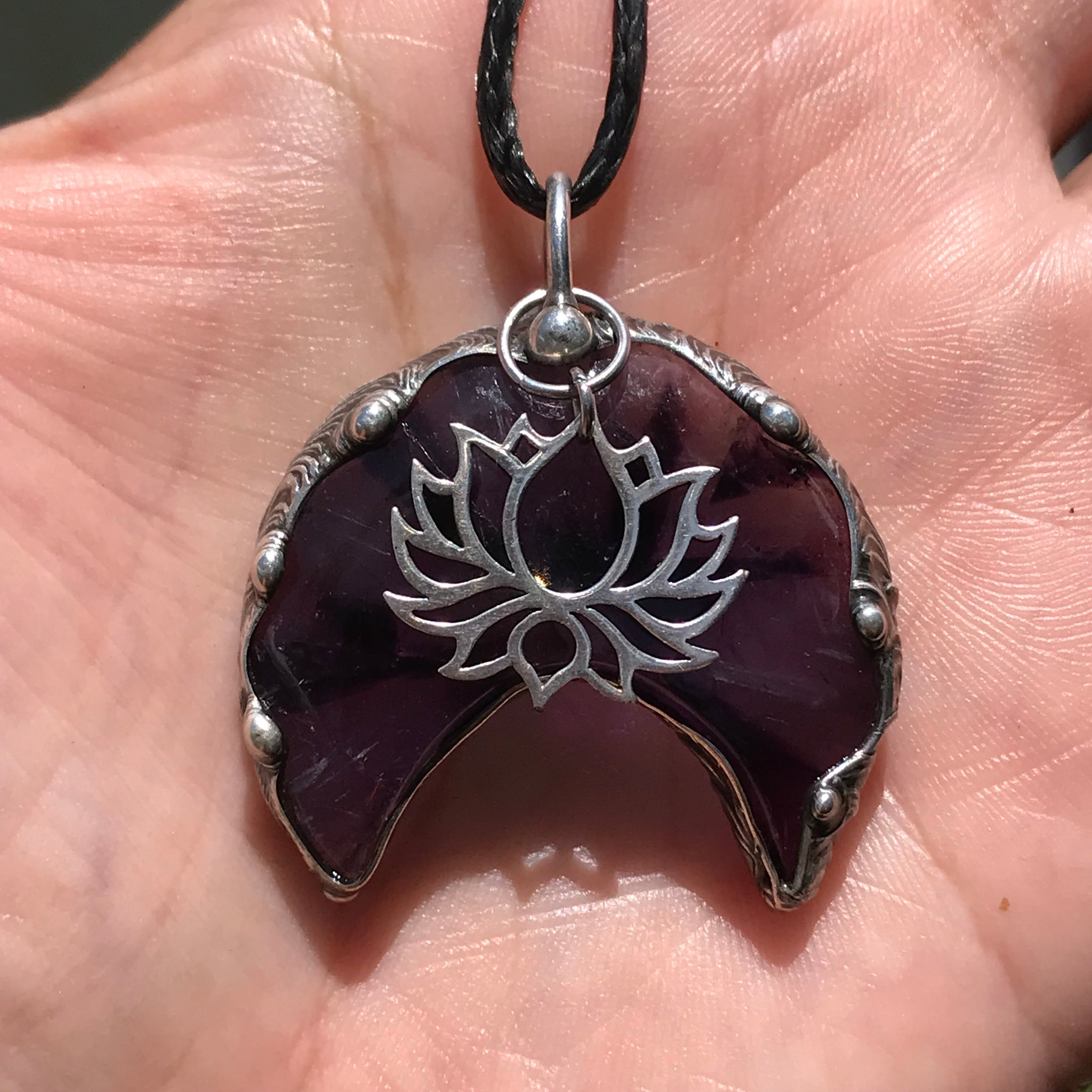 African Star Amethyst Crescent with sterling silver lotus flower