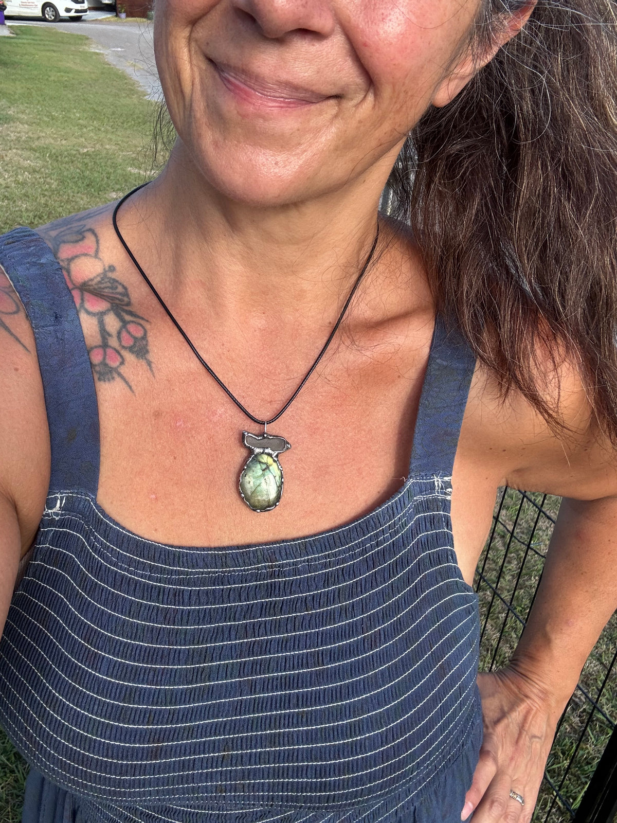 Golden Multiflash Labradorite and Seaglass pendant