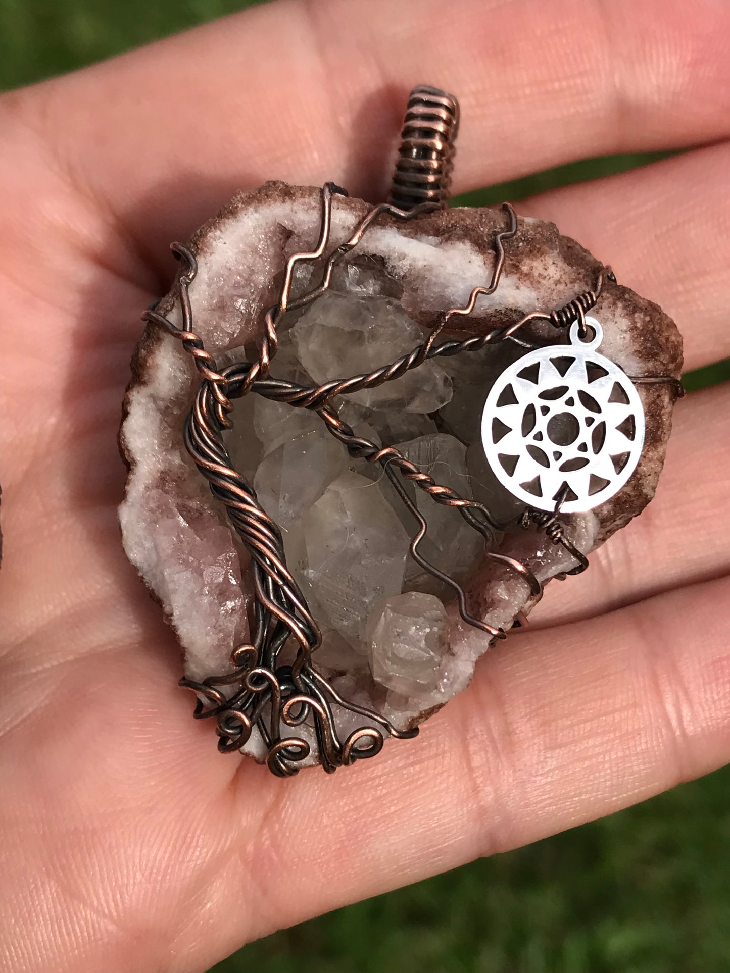 Pink Amethyst Anahata HomeTree pendant with Quartz points