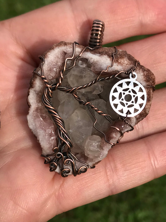 Pink Amethyst Anahata HomeTree pendant with Quartz points