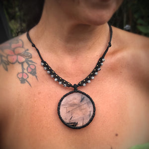 Beautiful and  unique Tourmalinated Quartz statement disc macrame pendant