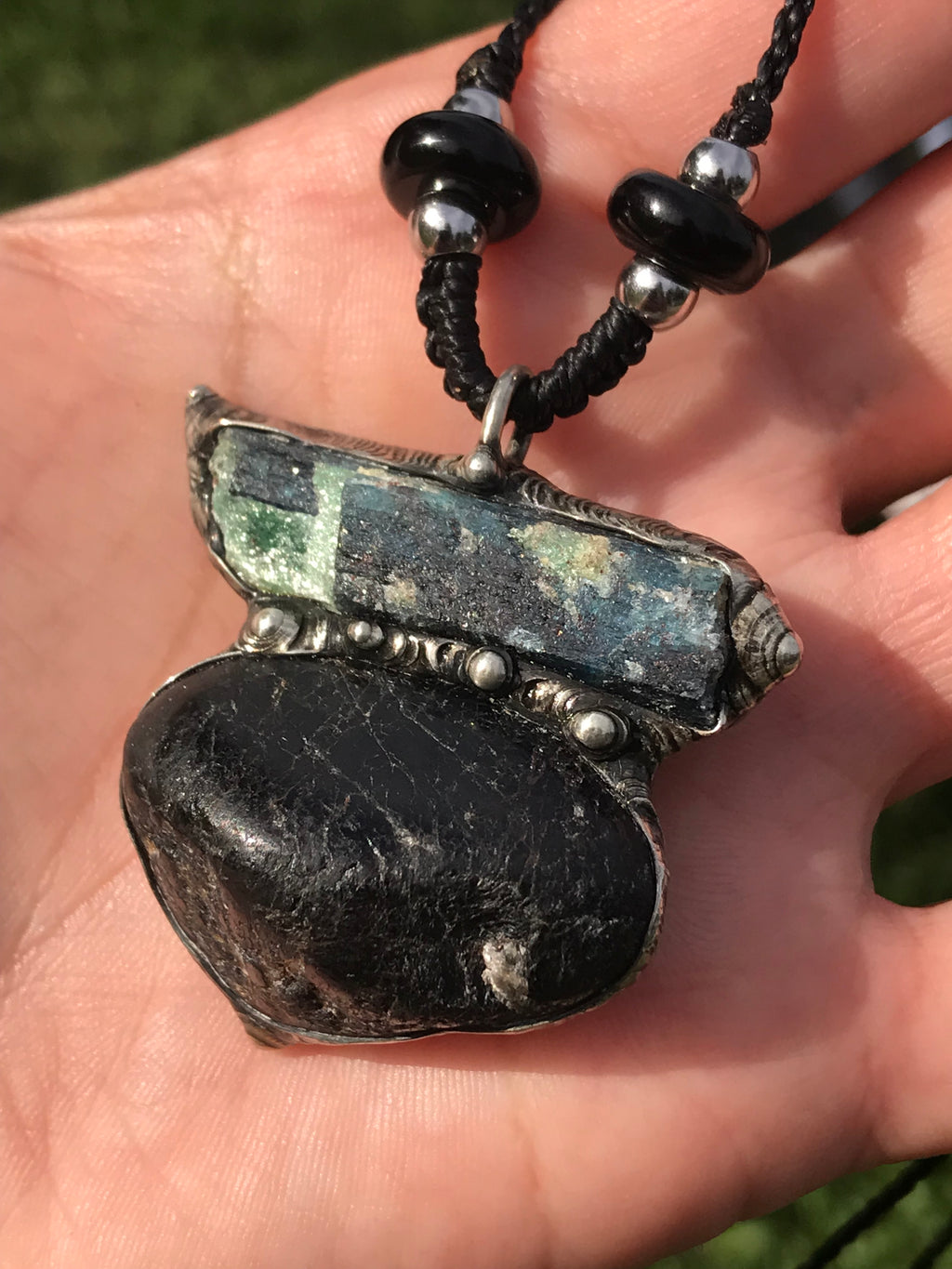 Black Tourmaline and Fuchsite in kyanite pendant