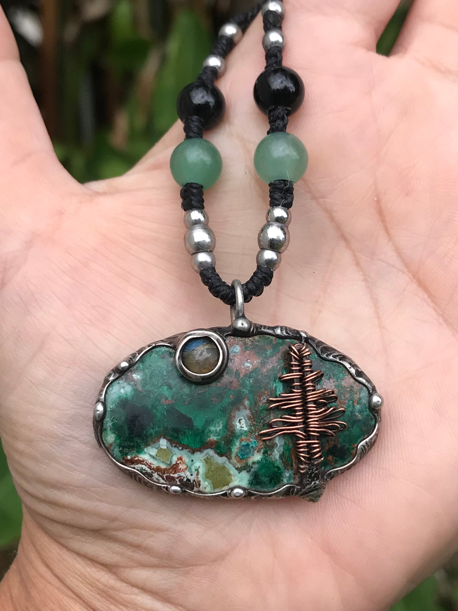 Bespoke magical tree on Chrysocolla/Malachite adorned with a  Labradorite moon❤️