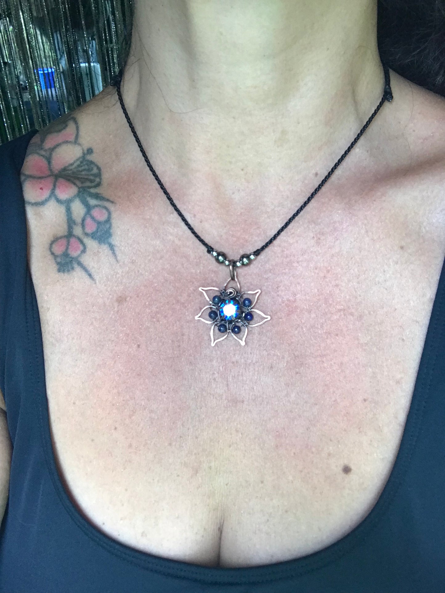 Copper crafted lotus flower pendant with Lapis Lazuli
