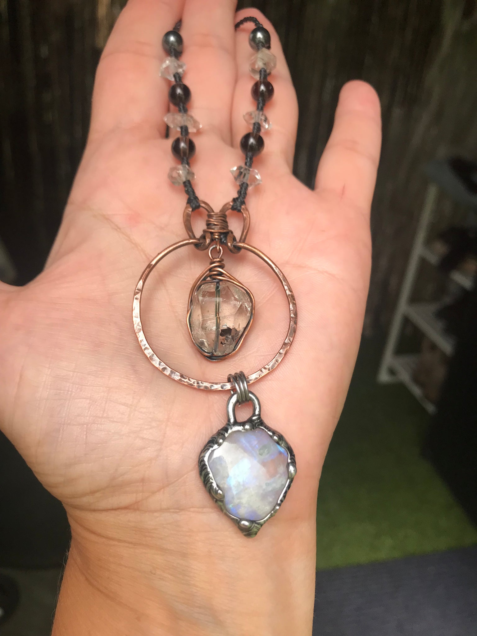 Reserved forMarisa Hammered copper pendant with Herkimer diamond crystal with Moonstone and smoky quartz