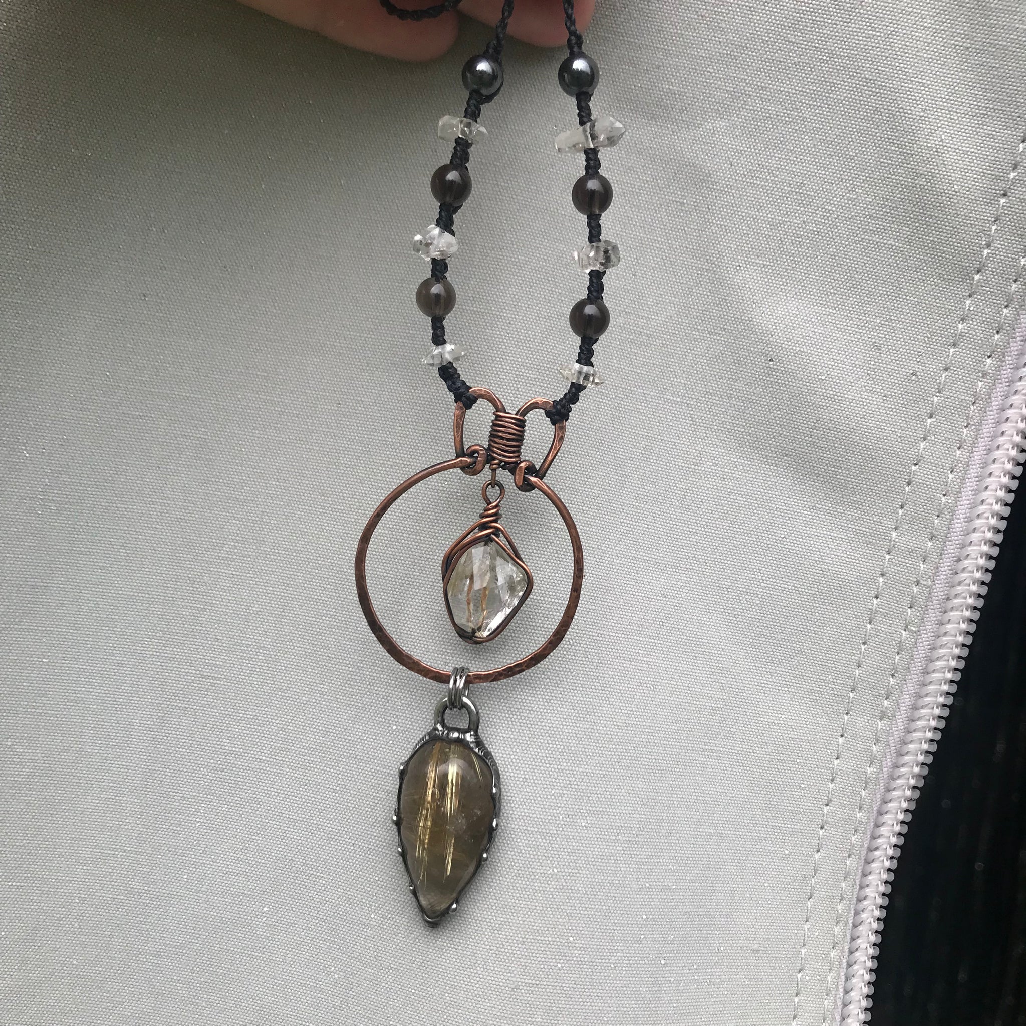 Reserved for Rachael Hammered copper pendant with Herkimer diamond crystal, Golden Rutilated and smoky quartz