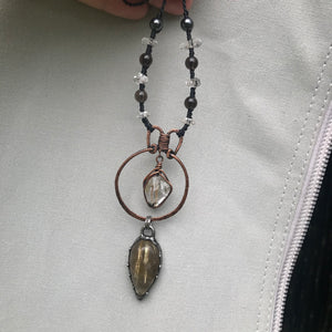 Reserved for Rachael Hammered copper pendant with Herkimer diamond crystal, Golden Rutilated and smoky quartz