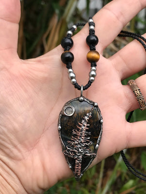 Bespoke magical tree on Blue Tiger eye crystal pendant adorned with Moonstone