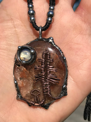 Bespoke tree landscape on hematite Quartz adorned with a mystical opalite moon