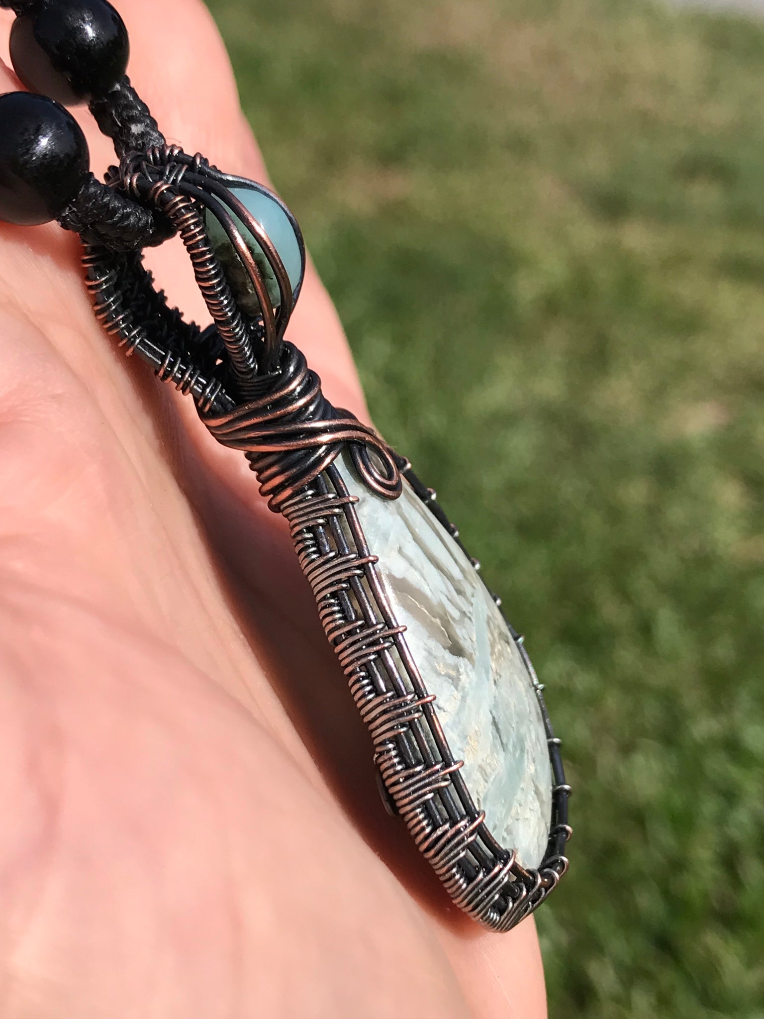 Larimar and blue calcite crystal pendant