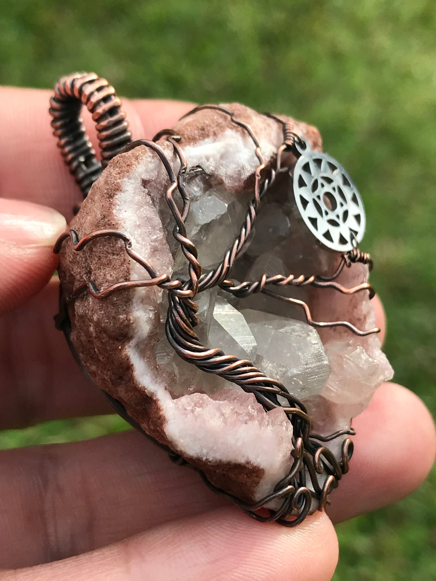 Pink Amethyst Anahata HomeTree pendant with Quartz points