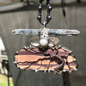 Statement Zebrastone triple crystal Pendant adorned with lightning ridge opal a twisty  Tree of Life