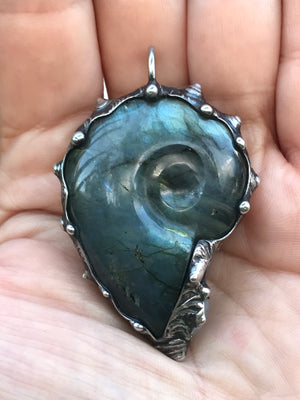 Labradorite Crystal Shell Pendant with Moonstone and opal