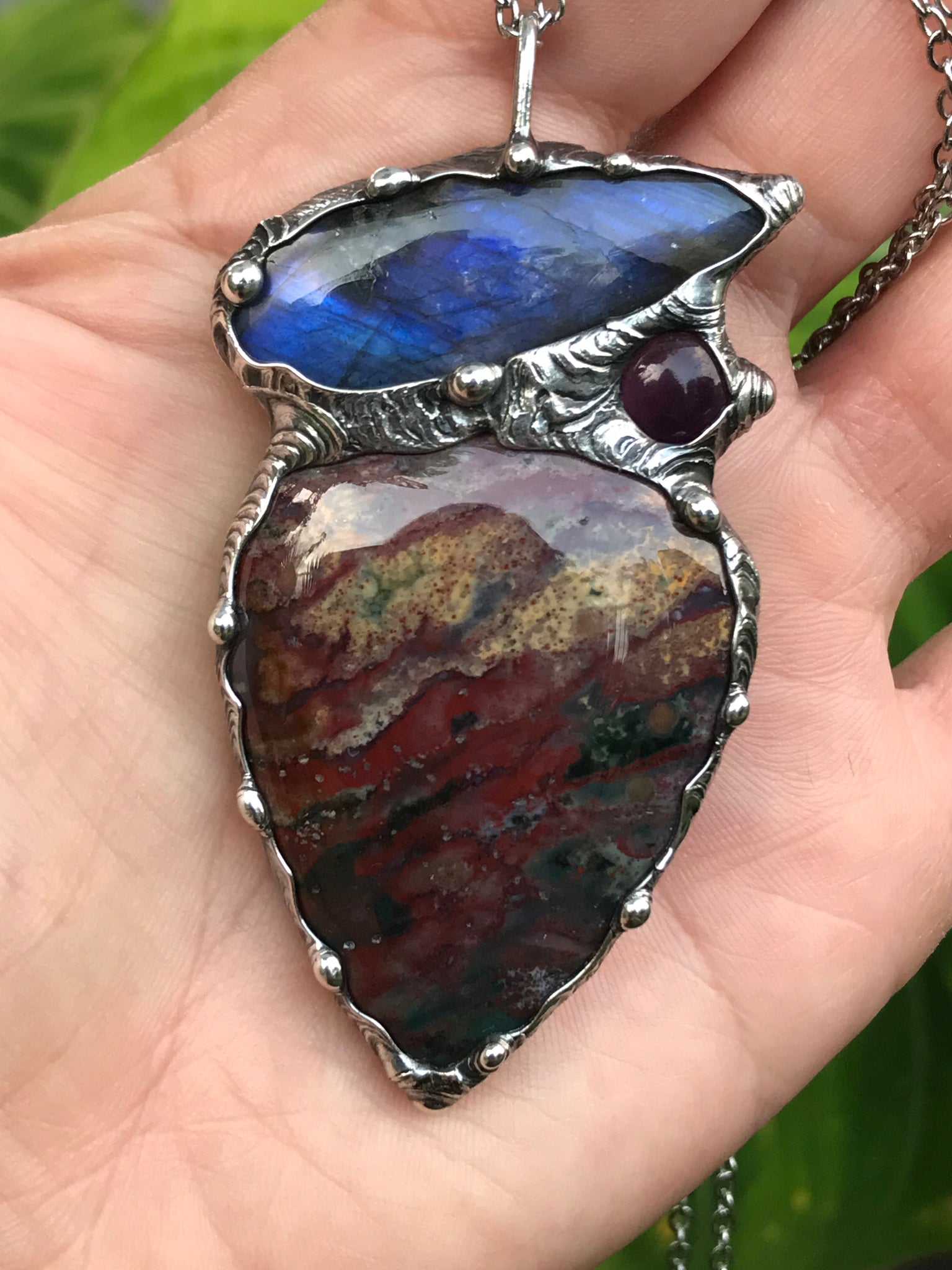 Bloodstone, blue flash Labradorite and Amethyst