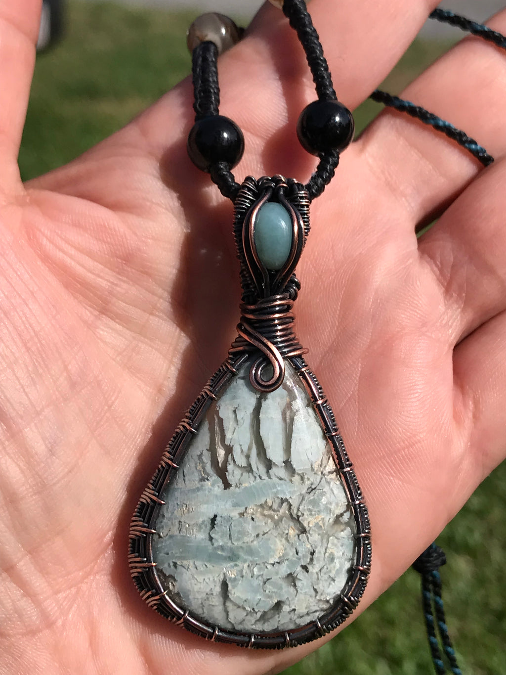 Larimar and blue calcite crystal pendant