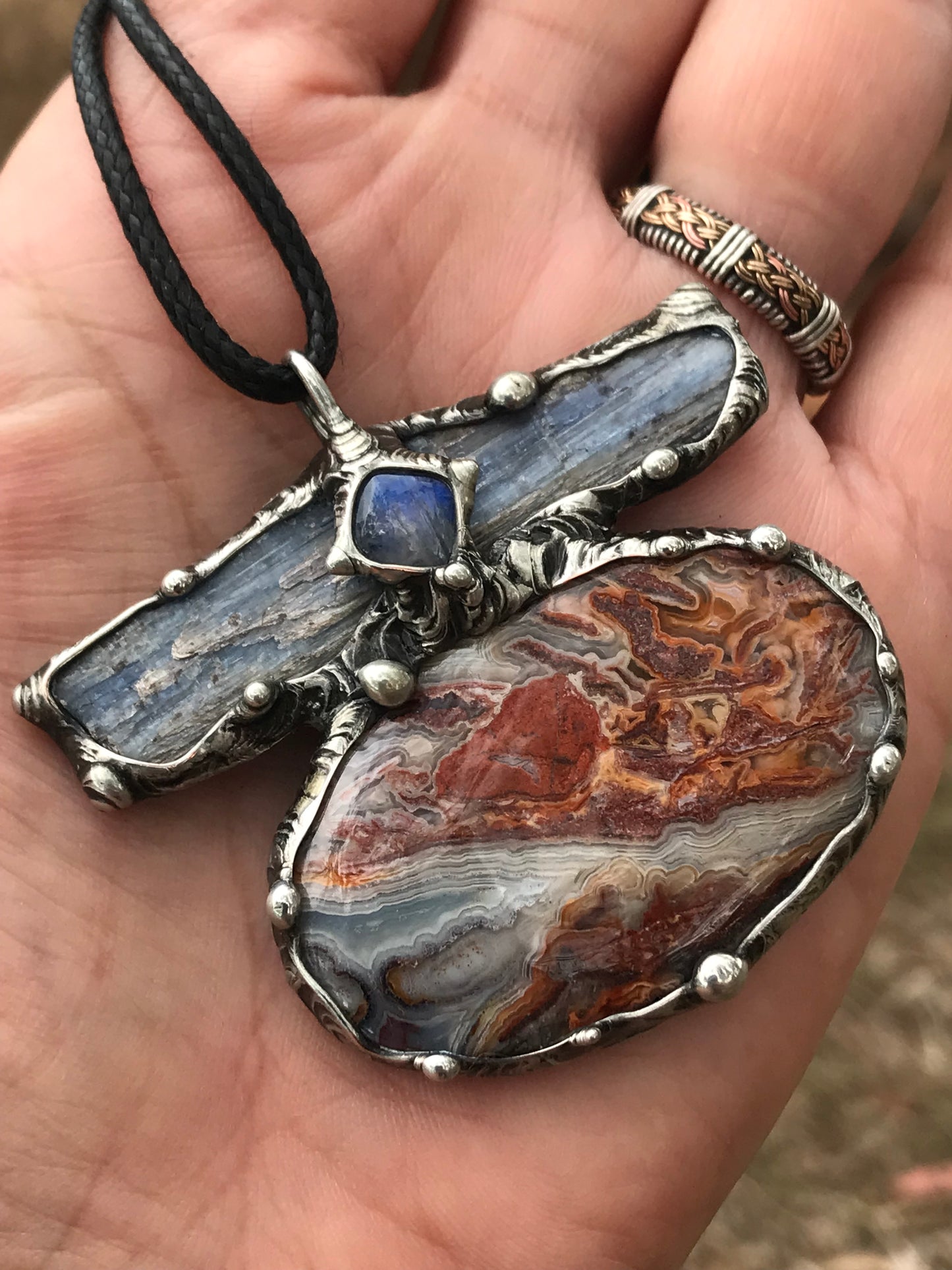 Crazy Lace Agate, blue Kyanite and moonstone triple statement pendant