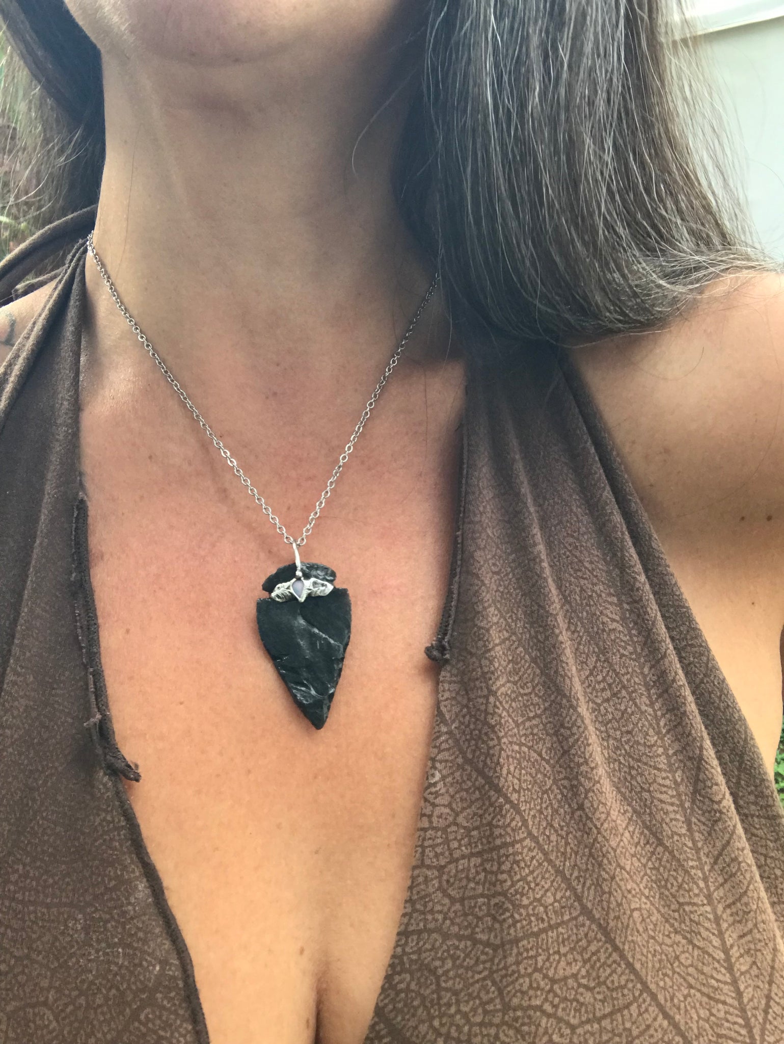 Silversheen Obsidian Arrowhead adorned with lightning ridge Opal