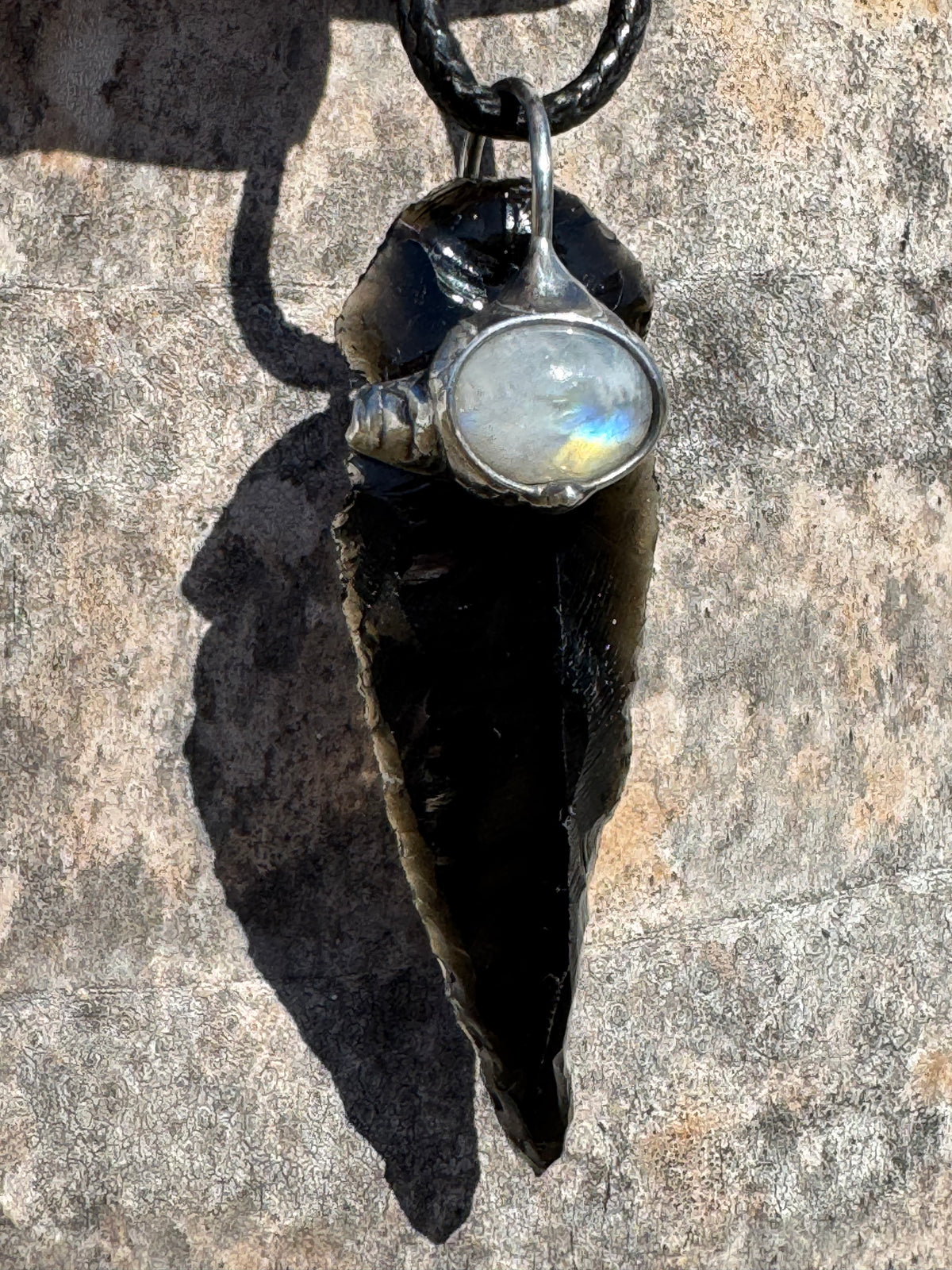 THE PROTECTOR - Raw Black Obsidian Arrowhead + Rainbow Moonstone