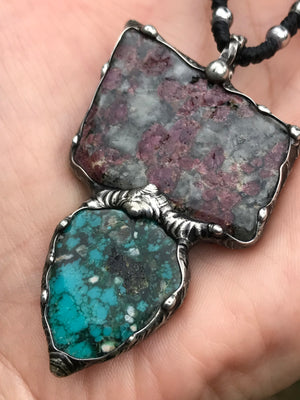 Eudialite and persian turquoise pendant