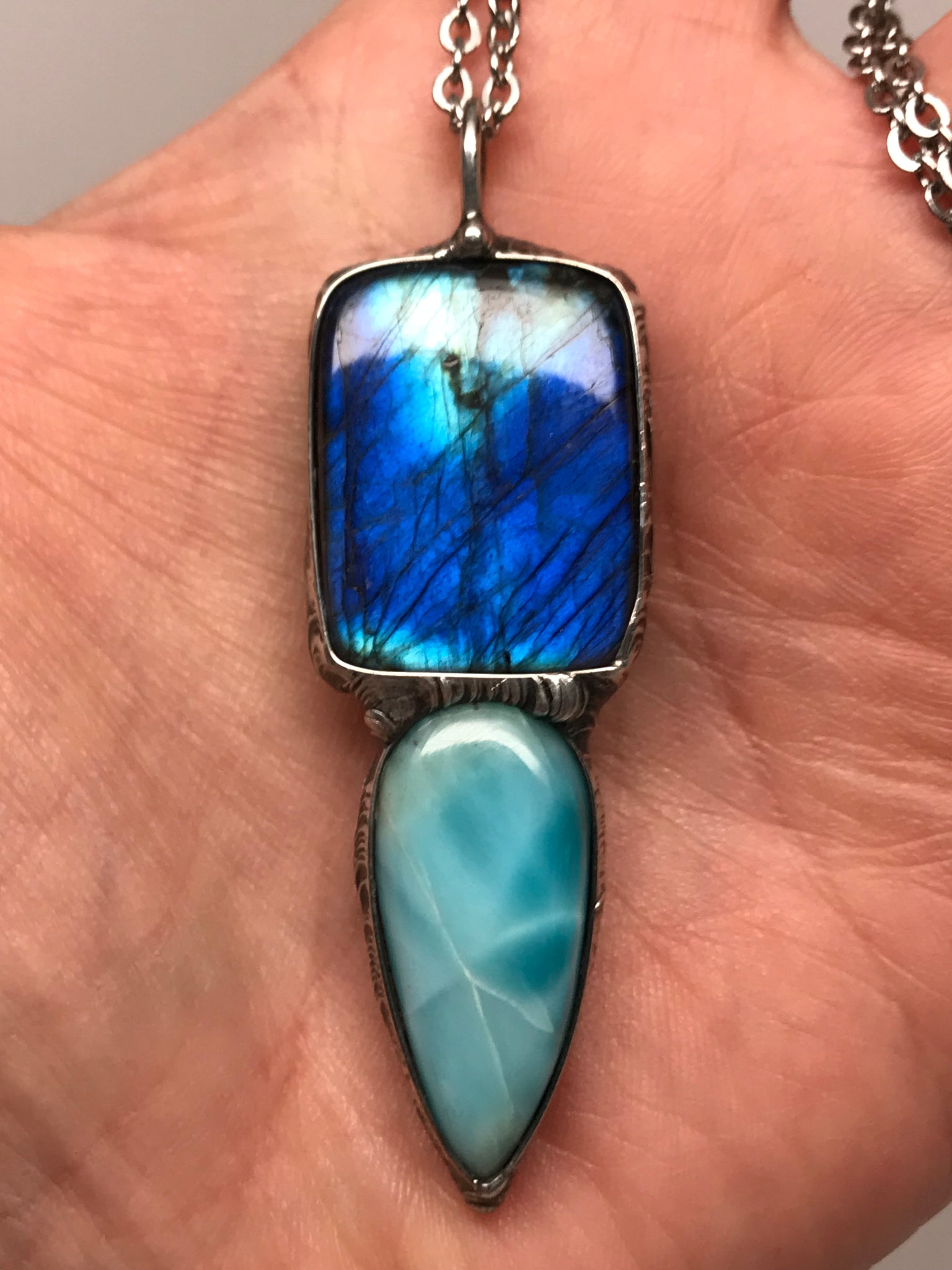 Blue flash Labradorite and Larimar pendant