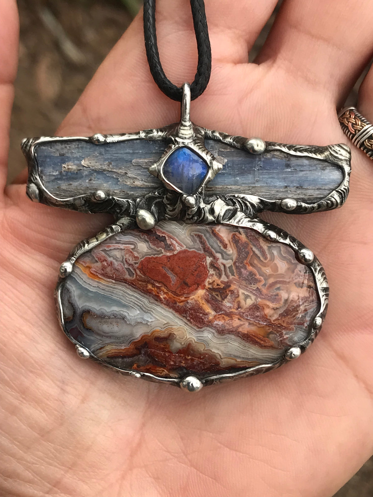 Crazy Lace Agate, blue Kyanite and moonstone triple statement pendant
