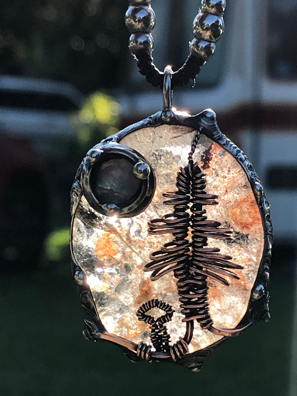 Bespoke tree landscape on hematite Quartz adorned with a mystical opalite moon