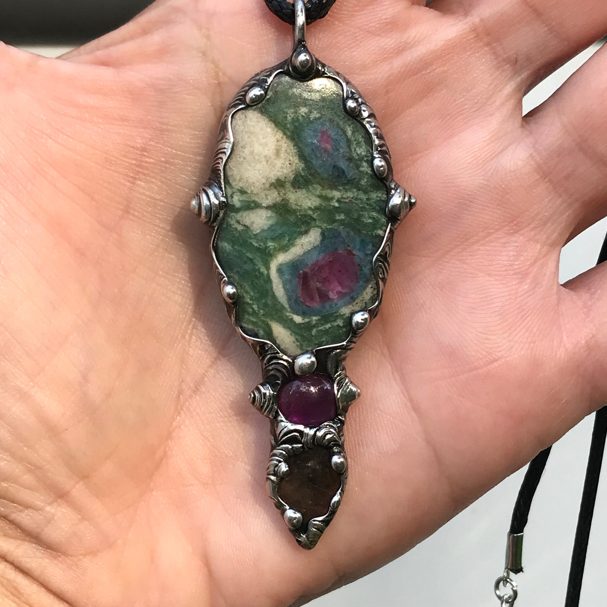 Ruby Fuchsite, Amethyst and Labradorite Crystal pendant