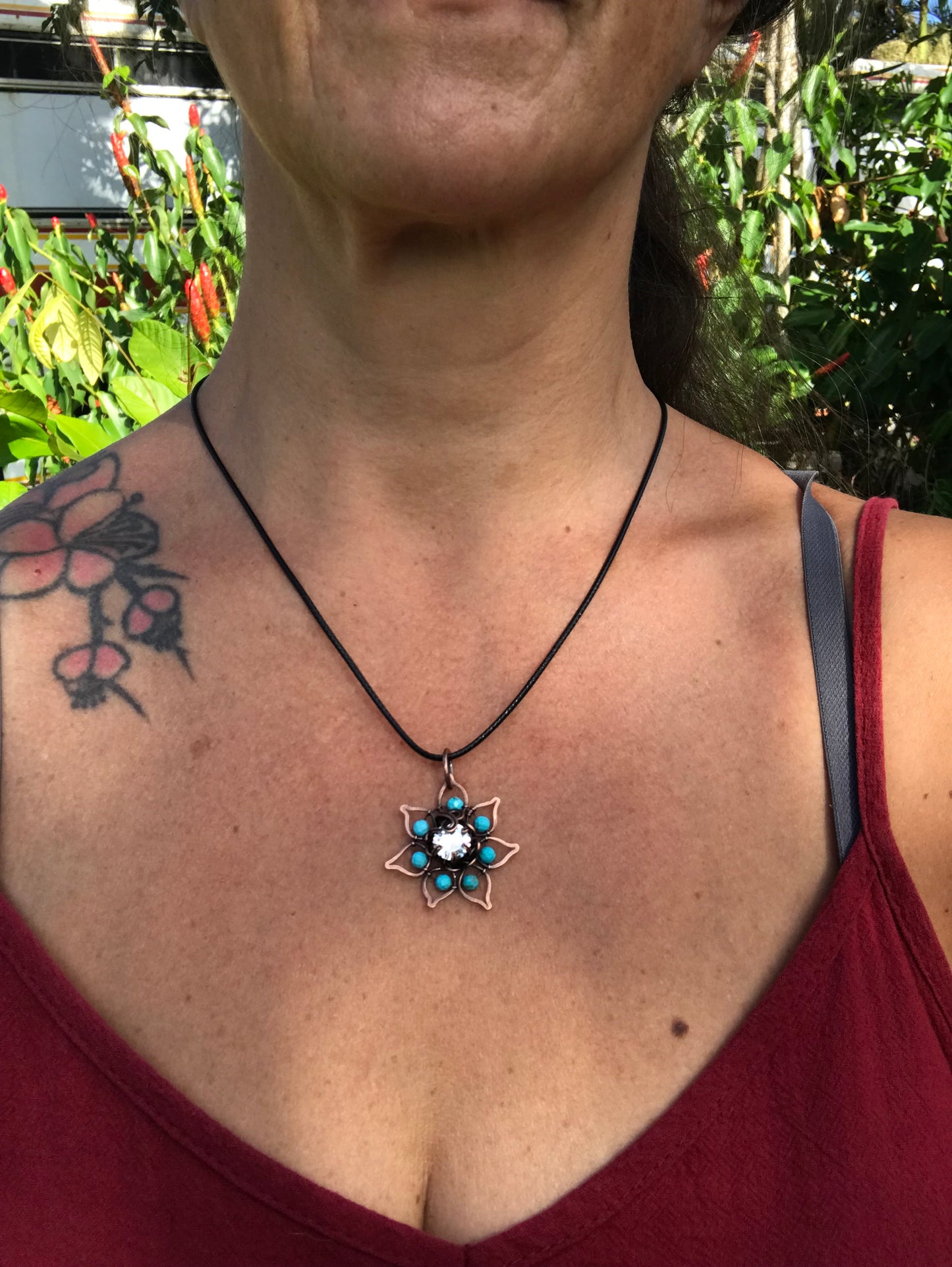 Copper crafted lotus flower pendant with Turquoise