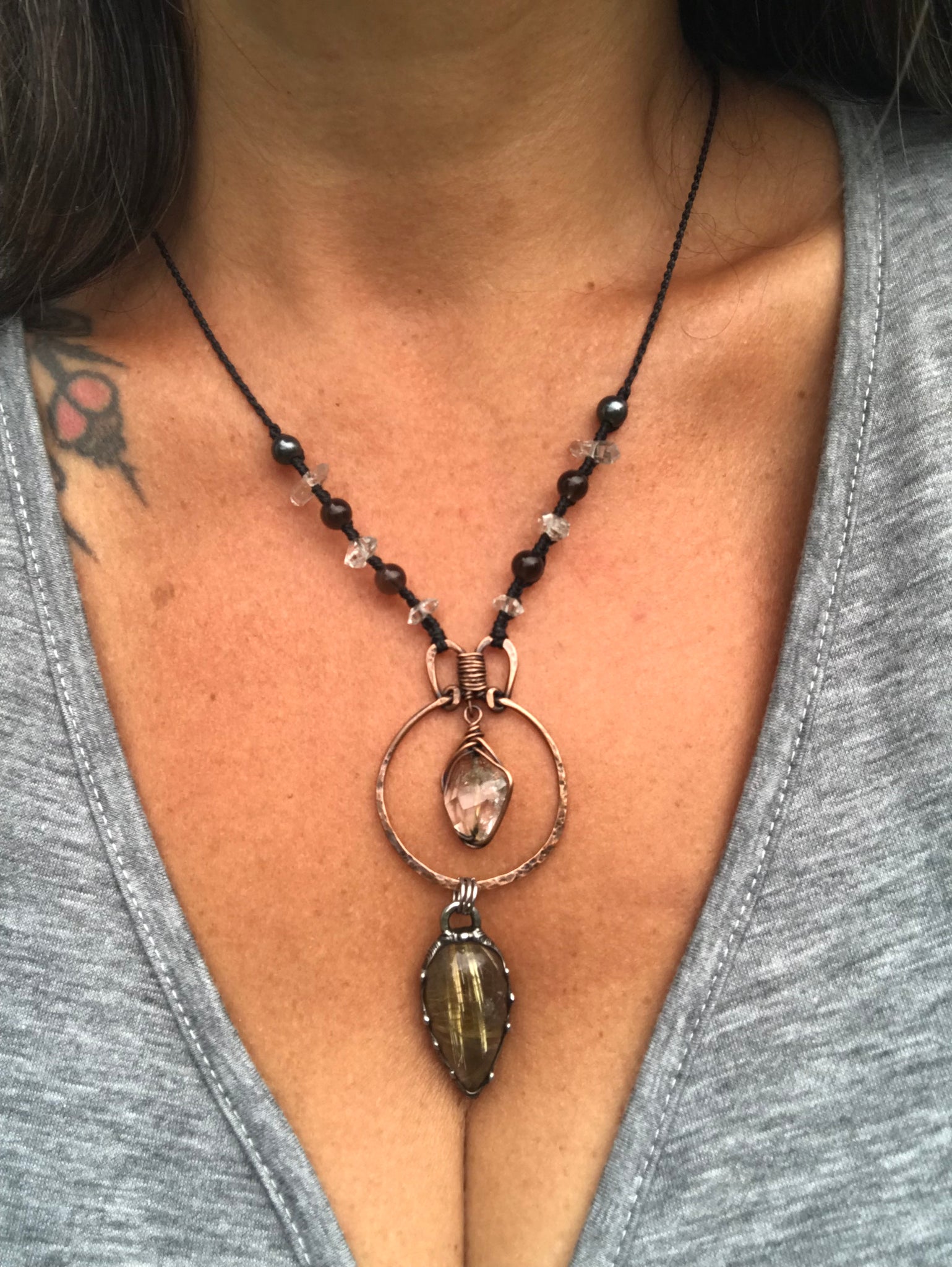Reserved for Rachael Hammered copper pendant with Herkimer diamond crystal, Golden Rutilated and smoky quartz