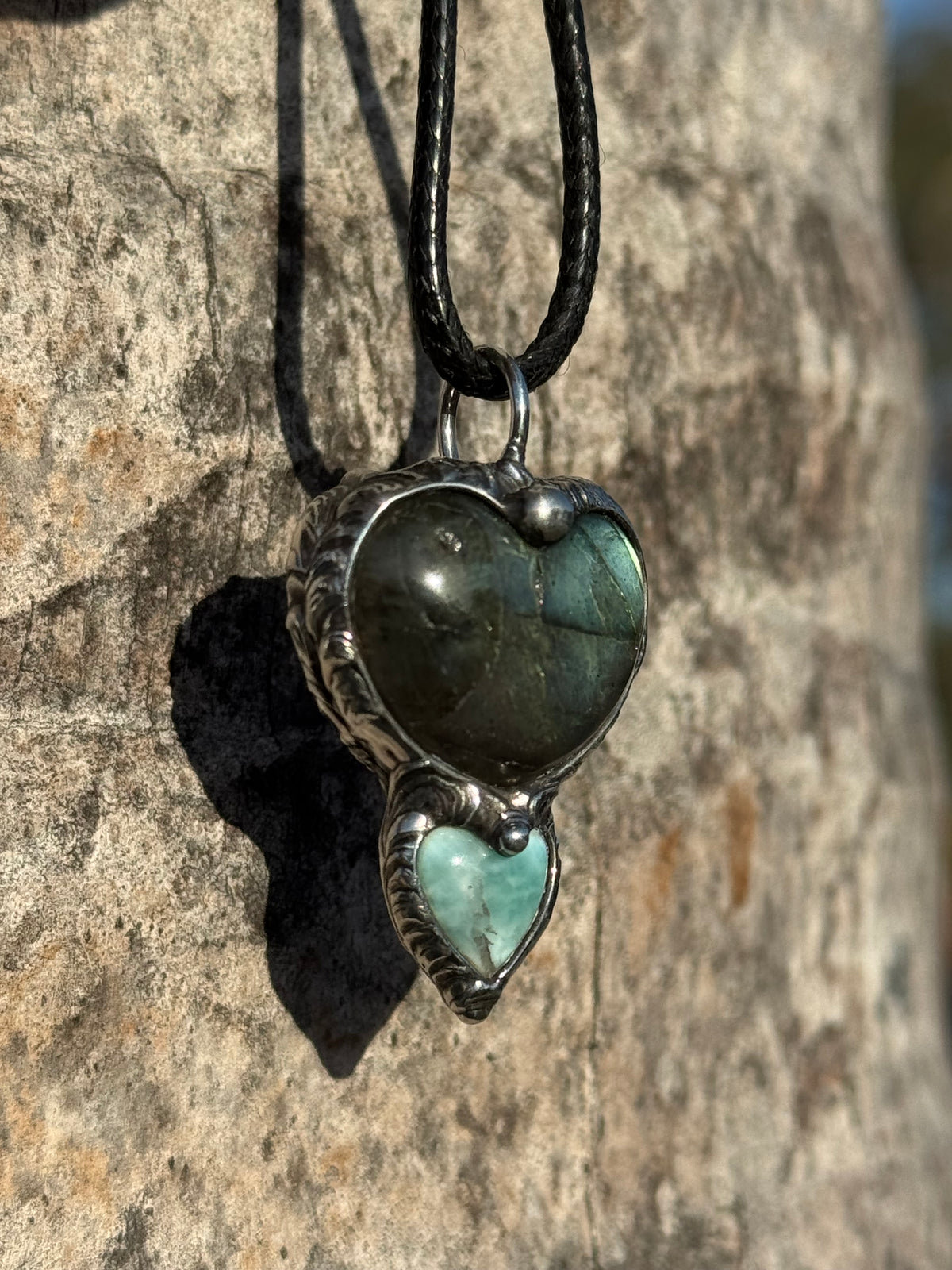 TWIN FLAME HEARTS - Golden Labradorite + Larimar Double Heart