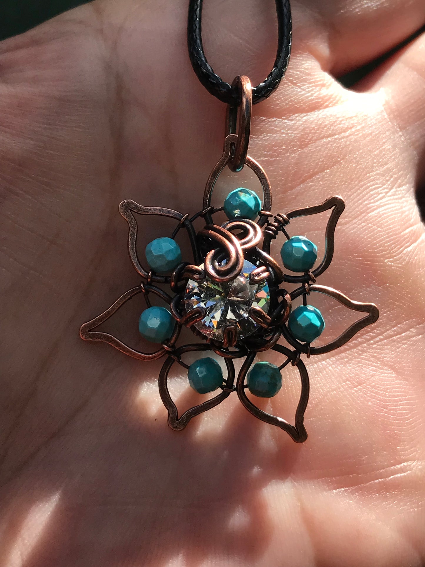 Copper crafted lotus flower pendant with Turquoise