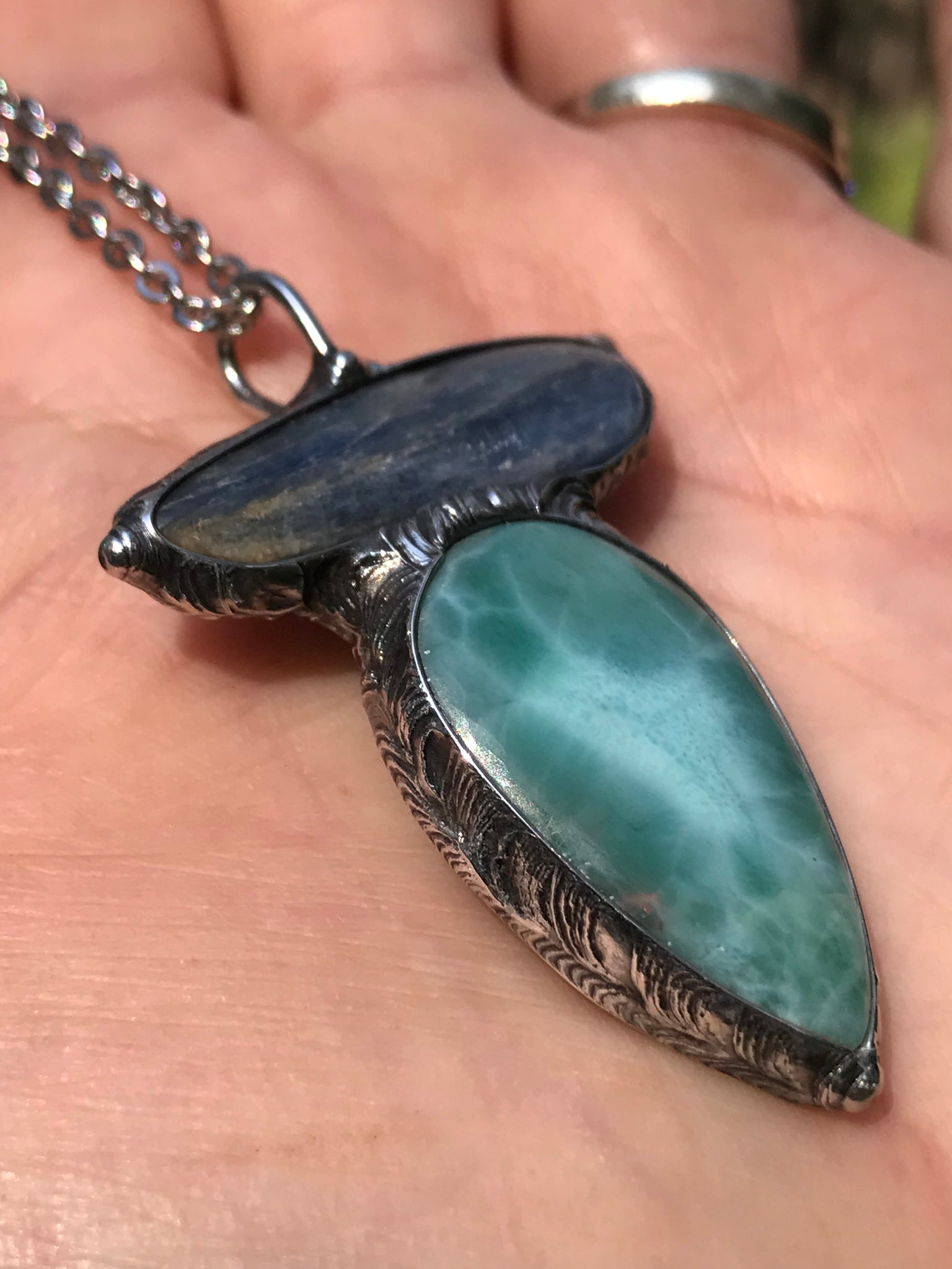 Blue polished Kyanite and Larimar pendant