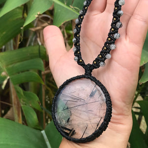 Beautiful and  unique Tourmalinated Quartz statement disc macrame pendant