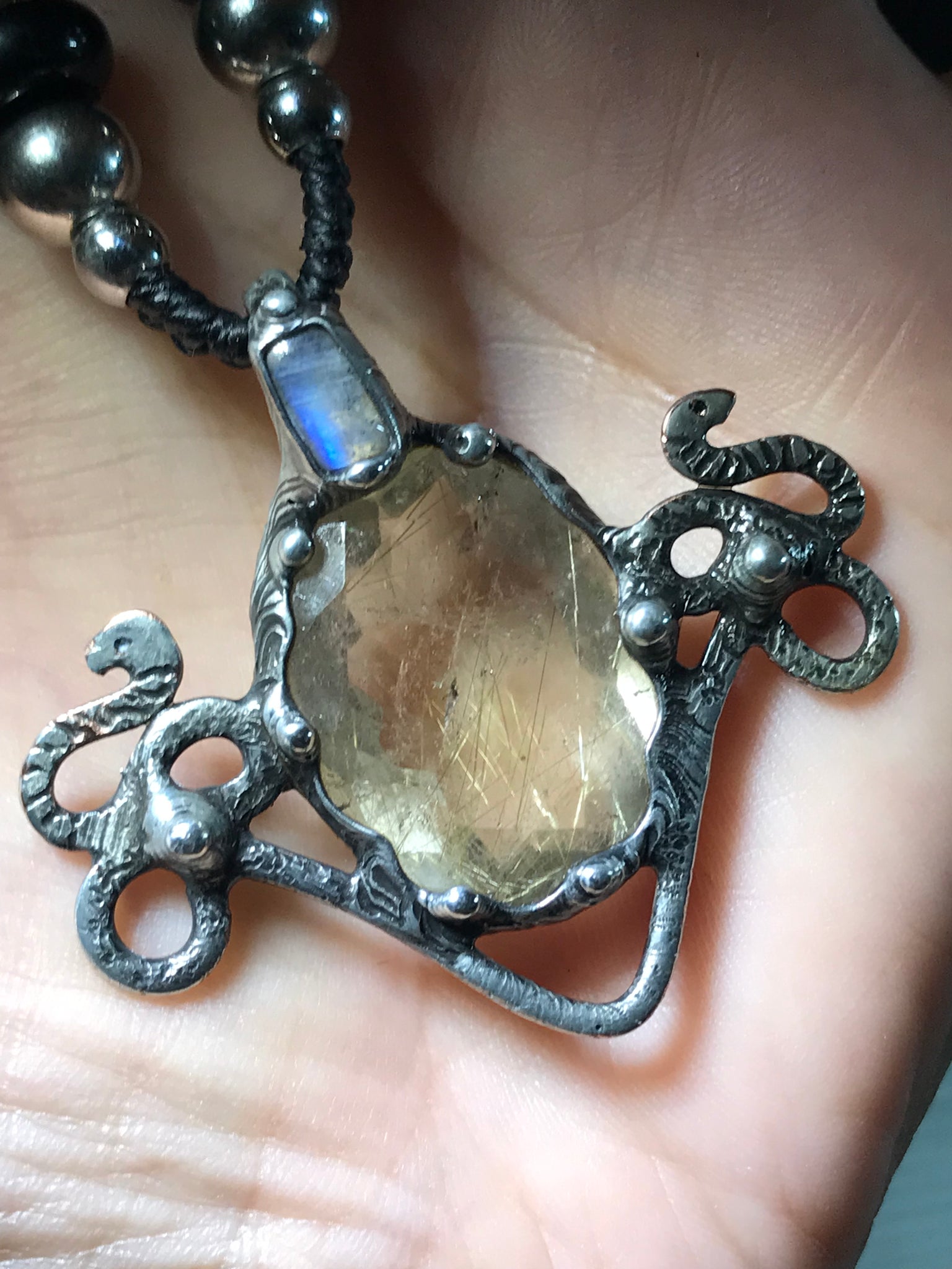 High priestess Golden Rutile and blue flash labradorite serpent pendant