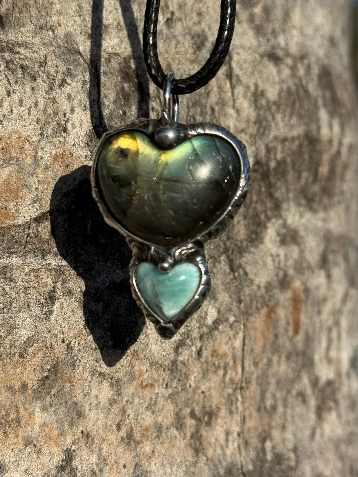 TWIN FLAME HEARTS - Golden Labradorite + Larimar Double Heart
