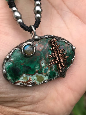 Bespoke magical tree on Chrysocolla/Malachite adorned with a  Labradorite moon❤️